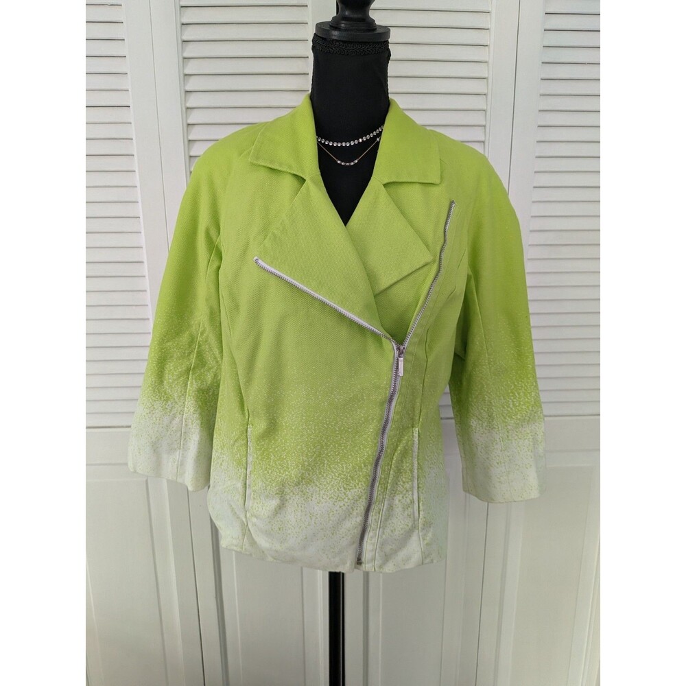 Lane Bryant Women's 16 Moto Jacket Asymmetric Full Zip Lime Green White Canvas